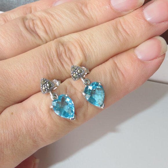 Heart Blue Topaz Sterling Silver Marcasites Post Back Earrings - Picture 6 of 15